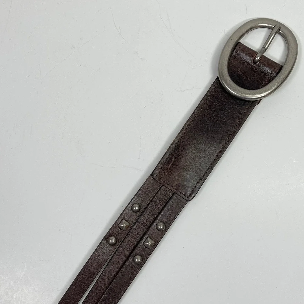 Vintage Genuine Leather Studded Belt Womens L Brown Silver Buckle Boho Western